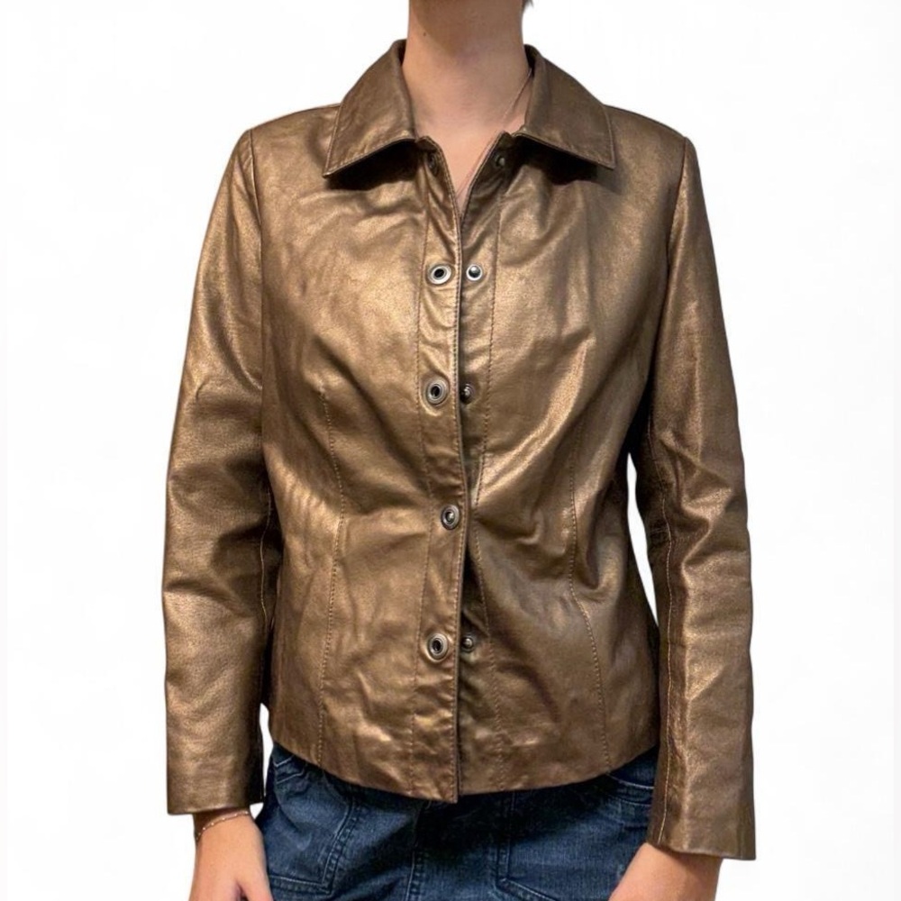 Women's Metallic Brown Leather Button-Front Jacket